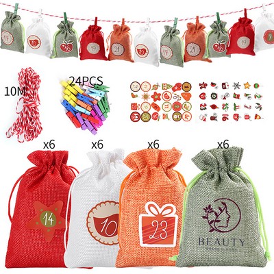 24pcs Holiday Advent Calendar Stickers Burlap Bags Set