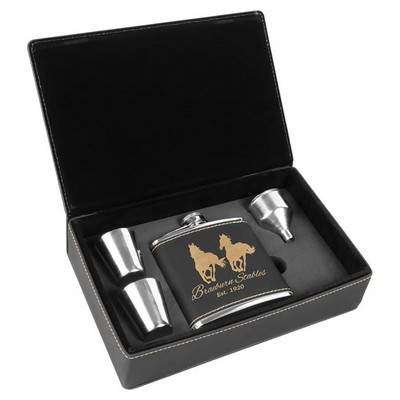 6 oz. Black/Gold Leatherette Flask Gift Set