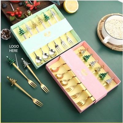 Stainless Steel Christmas Spoon and Fork Creative Tree Dessert Coffee Cake Cutlery Gift