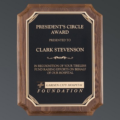 Premium Walnut Piano Finish, Notched Rectangle, Black Brass Plate w/Florentine, Medium (8"x10-1/2")