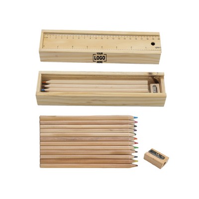12-Piece Vibrant Pencil Collection In Functional Wooden Ruler Case