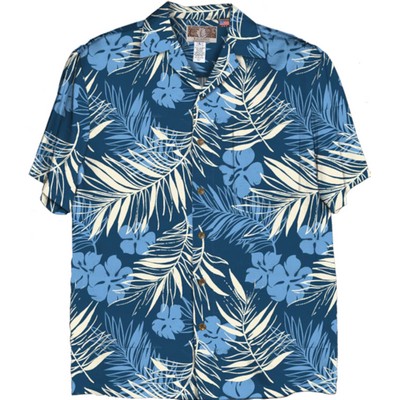 Soft & Supple Silky Rayon Navy Blue Tropical Print Hawaiian Shirt w/Genuine Coconut Buttons