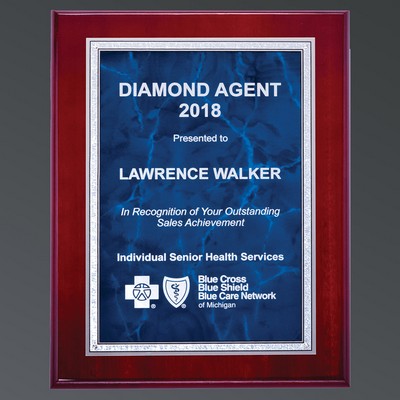 Rosewood Piano Rectangle, Sapphire Blue Marble Aluminum Plate w/Silver Florentine, Small (7"x9")