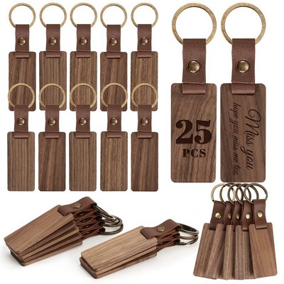Premium Rectangle Wood Keychain w/ Leather Strap