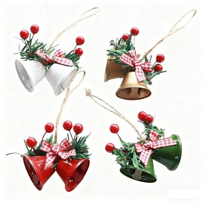 Christmas Double Metal Bells Ornament with Holly & Bow