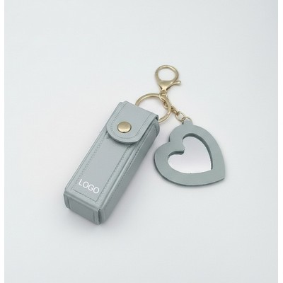 Portable Lipstick Case with Mirror PU Leather Protective Holder Keychain Pendant for Lip Balm