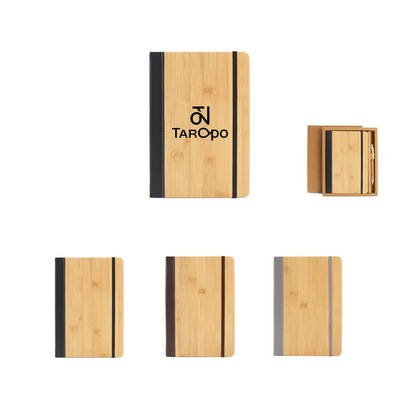 A5 Bamboo Paneled PU Leather Patchwork Notebook w/Strap