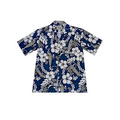 Navy Hawaiian Cotton Poplin Shirt w/ Button Front & Short Sleeves