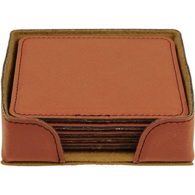 Coaster Set - Leatherette - Rawhide/Engraves Black