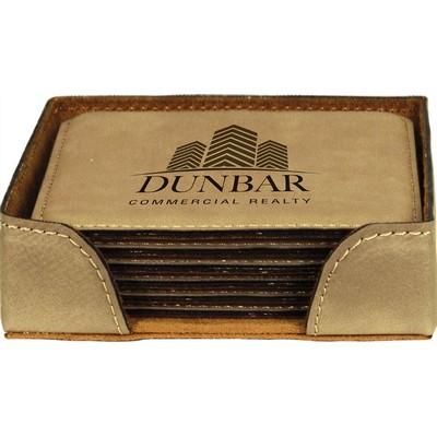 Square Coaster Set, Light Brown Faux Leather, 4" Dia