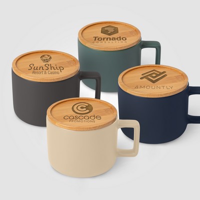 Café Virtuoso - 12 oz. Ceramic Mug with Bamboo Lid Engraved - Laser