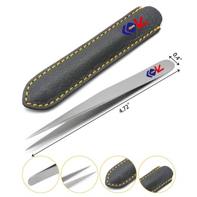 Stainless Steel Sharp Tweezers in Leather Case