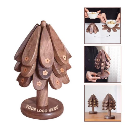 Foldable Wooden Christmas Tree Coaster Set