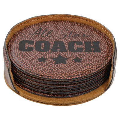 Round Coaster Set with 6 pcs, Football Faux Leather, Engraved, 4" Dia