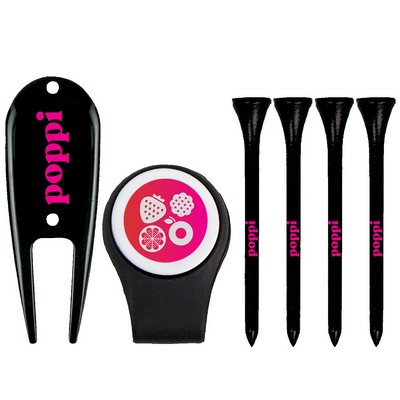 Hat Clip with removable magnetic ball marker, DVF, and (4) 2-3/4" Wooden Golf Tees