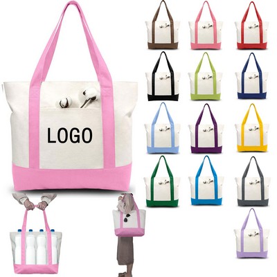 Canvas Tote Bag with Zipper External Pocket Reusable