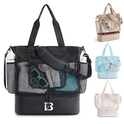 14L Cooler Compartment Nylon Mesh Beach Tote Bag