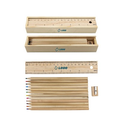12-Color Wooden Pencil Set with Ruler Lid