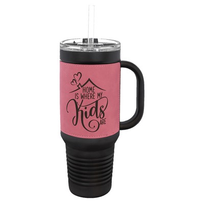 Polar Camel 40 oz. Black with Pink Laserable Leatherette Travel Mug with a Handle & Straw