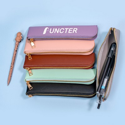 Zippered PU Leather Pencil Case - Spacious Multi-Pen Stationery Organizer For School & Office
