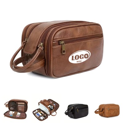 Men PU Leather Zipped Toiletry Bag