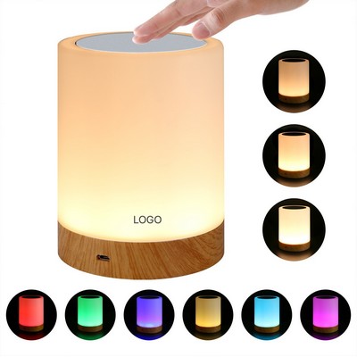 Touch-Controlled Wood Grain LED Night Light 7-Color Changing Smart Bedside Lamp USB Rechargeable