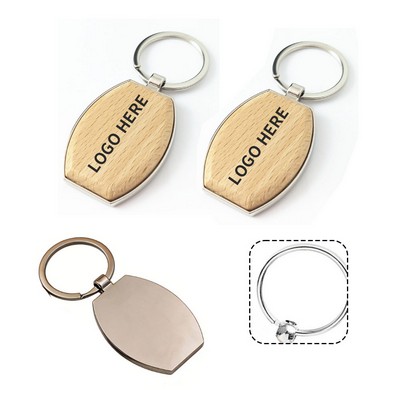 Oval Wooden Metal-Framed Keychain