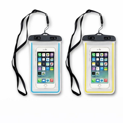 Waterproof Cell Phone Pouch with Lanyard & Blue Neon Strip