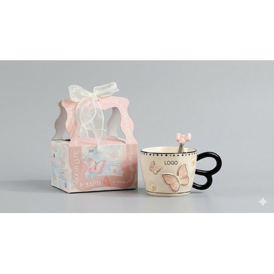 Vintage Butterfly Garden Ceramic Mug with Gold Spoon Romantic Bow-Tie Handle Coffee Cup