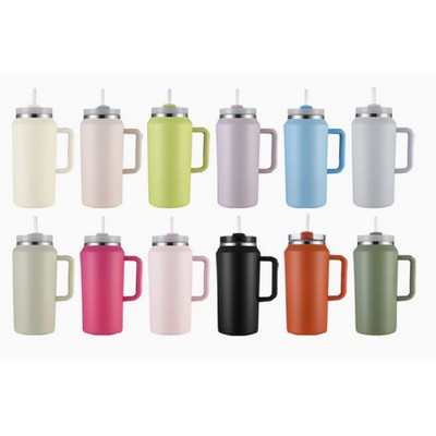 64oz Stainless Steel Handle Tumbler – Large Capacity Insulated Mug w/ Straw Lid