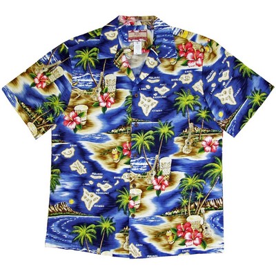 Hawaiian Tropical All Over Print Button Front Blue Cotton Shirt - DEEP INVENTORY