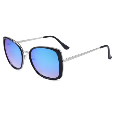 Sunglasses - Blue Mirror Lenses - Black Frames - Silver Temples