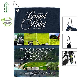 "THE IRON" Full Color Sublimation Recycled RPET 300 GSM Golf Towel with Metal Grommet and Clip - 12"