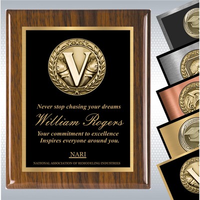 Walnut Piano Finish Wood Plaque w/Choice of Medallion Over Double Plate (9" x 12")