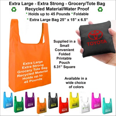 Super Strong Long Life Jumbo Grocery Tote Bag, Holds up to 45 pounds, Water Proof, Recycled Material