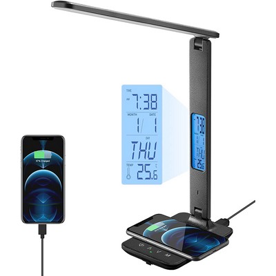 Desk Lamp with Wireless Charger, USB Charging Port, Table Lamp with Clock, Alarm, Date, Temperate