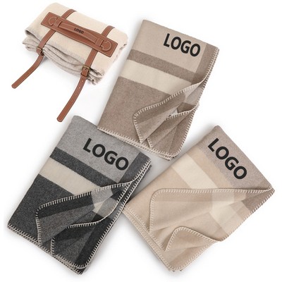 70.87"x47.24" Plaid Knitted Wool Throw Blanket w/PU Leather Strap