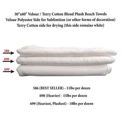 Heaviest Weight, Plush Velour Terry Cotton Blend White Beach Towel, 30x60, Blank Only