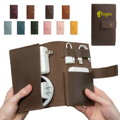 Leather Electronics Cable Organizer Roll Up Case