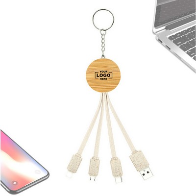 4 in 1 USB Bamboo Fast Charging Cable With Keychain.
