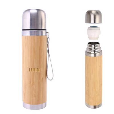 500ml Double Wall Insulation Stainless Steel Bamboo Mug With Straw Lid