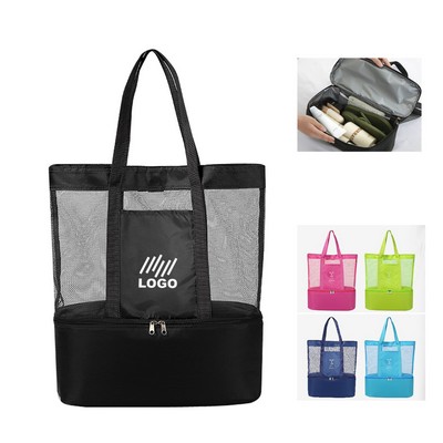 Mesh Beach Tote Bag with Bottom Insulated Cooler