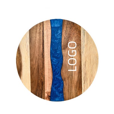 Acacia Round Serving Tray with Blue Epoxy Resin Ocean Wave