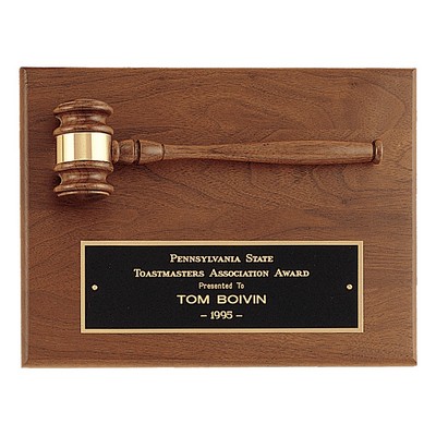 Solid Walnut Plaque w/ Gavel,Band & Black Brass Plate