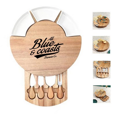 Bamboo Cheese Board with 4 Knives and 3 Bowls Server Plate