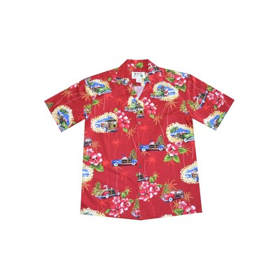 Red Christmas Hawaiian Cotton Poplin Shirt w/ Button Front & Short Sleeves