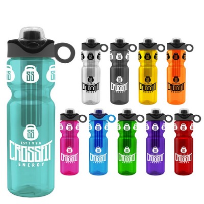 Champion-28 Oz. Transparent Bottle w/Drink Thru Snap On Silicone Loop Handle Lid & Infuser