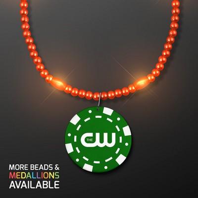 Orange LED Bead Necklace with Green Poker Chip Medallion - PRINTED