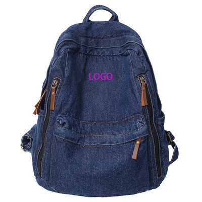 Multifunctional Denim Zipper Pocket School Backpack