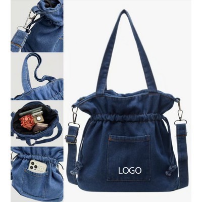 12.2 X 11.4 Inch Denim Drawstring Tote Bag W/ Shoulder Strap
